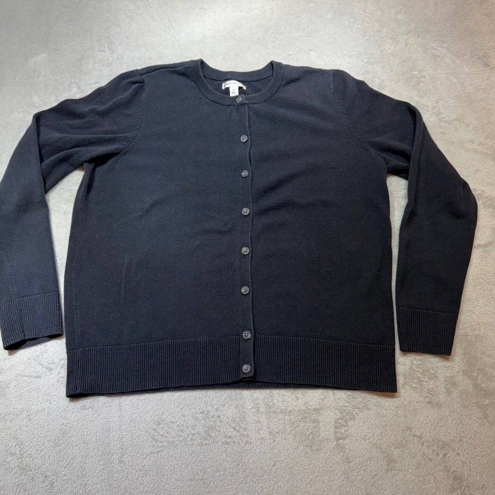 Navy Blue Button Front Crew Neck Cardigan Sweater Long Sleeve Soft Knit M